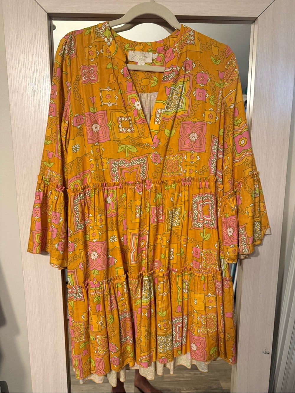 JB by Julie Brown Mustard Floral Paisley Tiered Mini Dress with Pink Accents